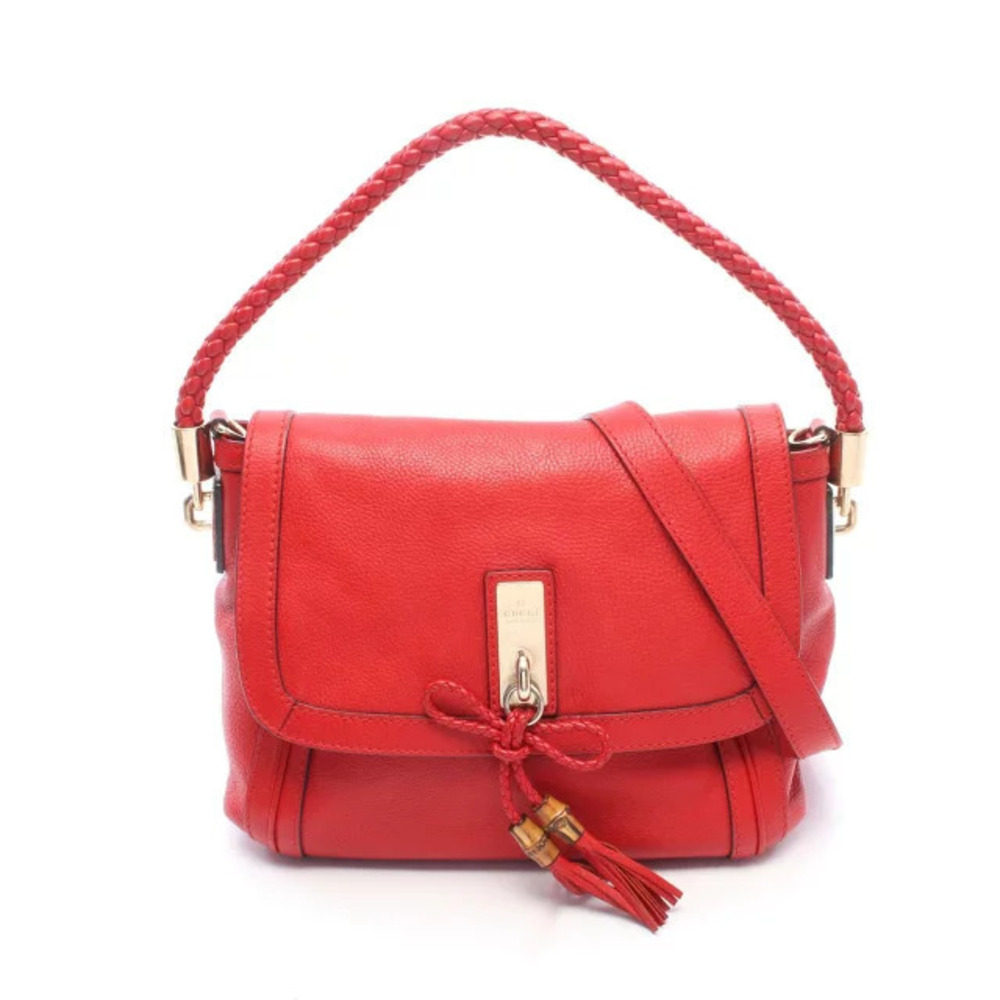Gucci red leather Bella 2Way Shoulder Bag braided top handle bamboo tassel